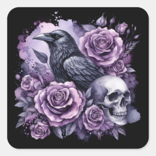 Pegatina Cuadrada Calavera de Rosas púrpura de Raven Gótico