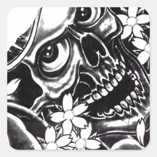 Pegatina Cuadrada Calavera de tatuaje japonesa (Anverso)