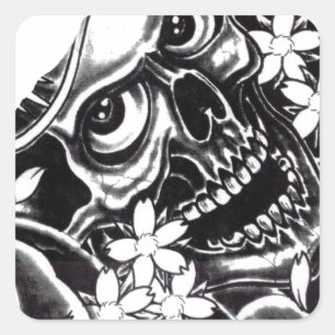 Pegatina Cuadrada Calavera de tatuaje japonesa