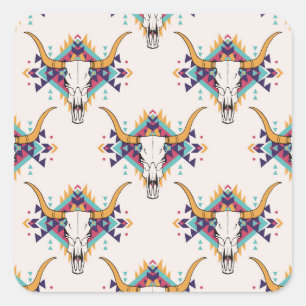 Pegatina Cuadrada Calavera de toros tribales: Boho Seamless