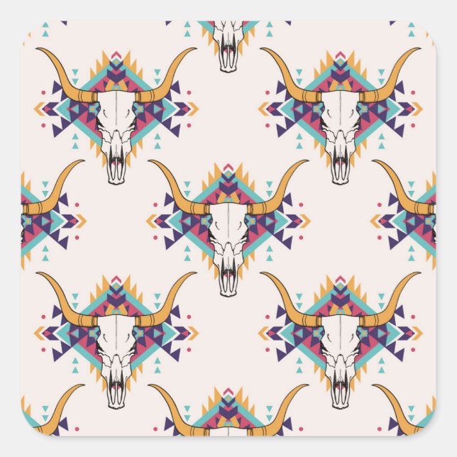 Pegatina Cuadrada Calavera de toros tribales: Boho Seamless (Anverso)