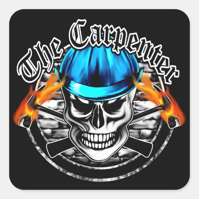 Pegatina Cuadrada Calavera del carpintero y Gorra duro azul (Anverso)