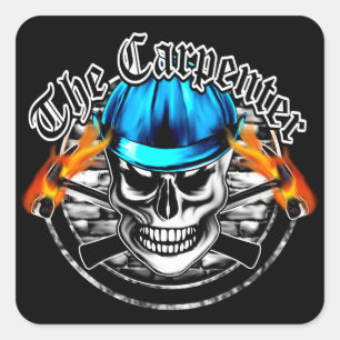 Pegatina Cuadrada Calavera del carpintero y Gorra duro azul