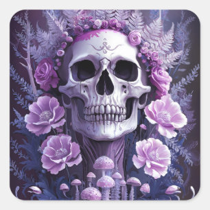 Pegatina Cuadrada Calavera del Gótico del Jardín Lilac, fantasía mor