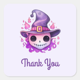 Pegatina Cuadrada Calavera en sombrero de bruja, caprichoso agradeci