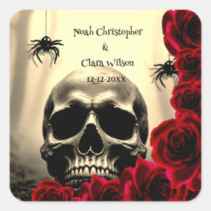 Pegatina Cuadrada Calavera espeluznante Rosas negras rojas góticas H