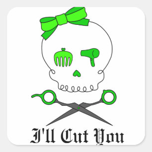 Pegatina Cuadrada Calavera estilista del cabello verde limón y cruce