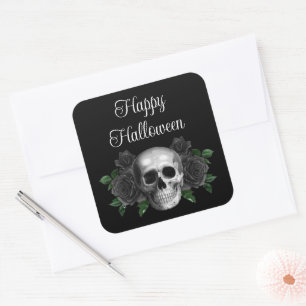 Pegatina Cuadrada Calavera Floral Gótica Negra Halloween