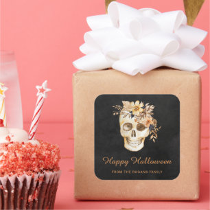 Pegatina Cuadrada Calavera Floral Rústica Halloween