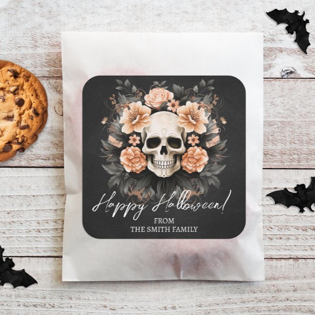 Pegatina Cuadrada Calavera floral vintage personalizada (Easily personalize these spooky Halloween stickers with just a few clicks.)