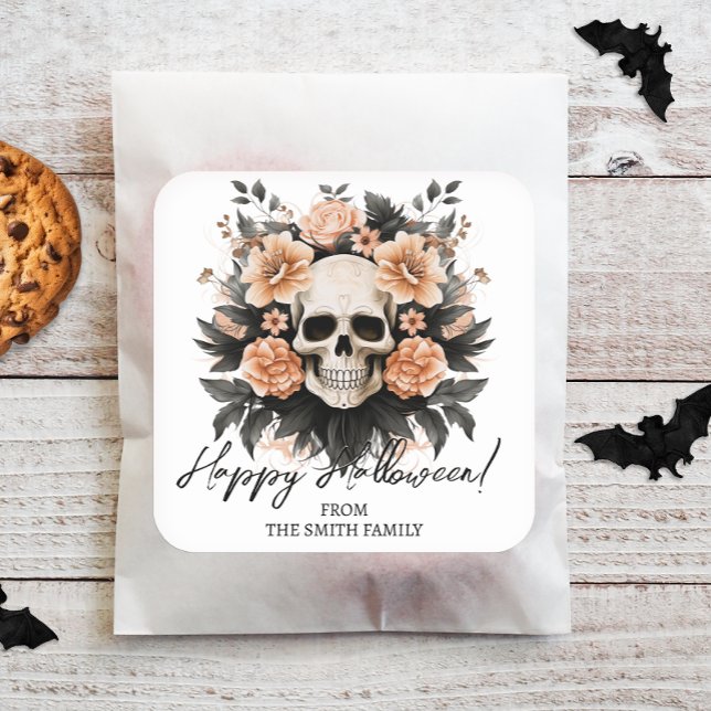 Pegatina Cuadrada Calavera floral vintage personalizada (Easily personalize these spooky Halloween stickers with just a few clicks.)