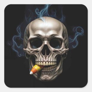 Pegatina Cuadrada Calavera Fumadora de Halloween Mordiendo Maíz de C