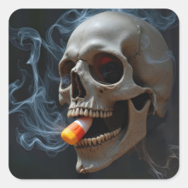 Pegatina Cuadrada Calavera fumando de Halloween mordiendo maíz de ca