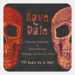 Pegatina Cuadrada Calavera Gótica Naranja Negro Salva la Fecha