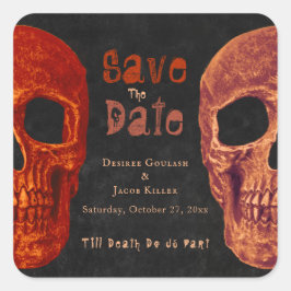 Pegatina Cuadrada Calavera Gótica Naranja y Negro Salva la Fecha