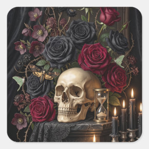 Pegatina Cuadrada Calavera Gótica Rosas Negras Halloween Victoriano