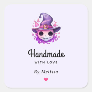 Pegatina Cuadrada Calavera Hecha a Mano con Amor en un Sombrero de B