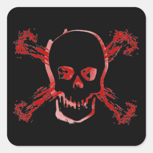 Pegatina Cuadrada Calavera manchada de sangre y huesos cruzados sang