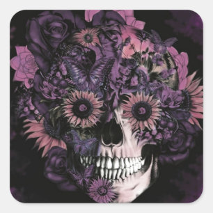Pegatina Cuadrada Calavera morada con manchas de pintura.