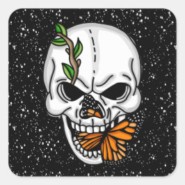 Pegatina Cuadrada Calavera negra y blanca con mariposa monarca