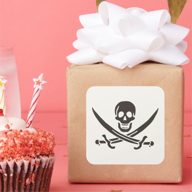 Pegatina Cuadrada Calavera obsidiana espada Bandera pirata de Calico (Fiesta)