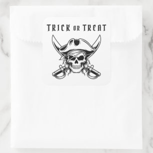 Pegatina Cuadrada Calavera Pirata Negro Truco o Trato Halloween