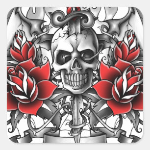 Pegatina Cuadrada Calavera y daga con alas del diablo