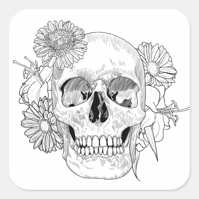 Pegatina Cuadrada Calavera Y Flores Inspiradas (Anverso)