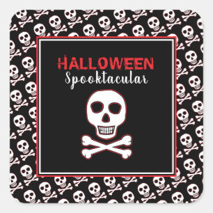 Pegatina Cuadrada Calavera y huesos, fiesta roja de Halloween