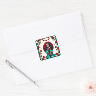 Pegatina Cuadrada Calaveras de Azúcar con Rosas Turquesas y Rojas