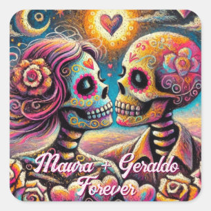 Pegatina Cuadrada Calaveras de Azúcar Personalizadas en Tiza Pastel