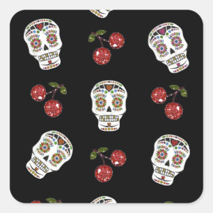 Pegatina Cuadrada Calaveras de Azúcar Rockabilly RAB Cerezas Sobre N