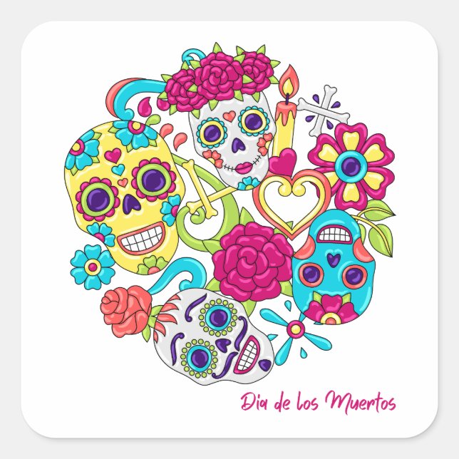 Pegatina Cuadrada Calaveras del Día de los Muertos (Anverso)
