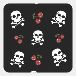 Pegatina Cuadrada Calaveras y Cerezas RAB Rockabilly en Negro