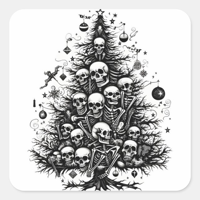 Pegatina Cuadrada Calaveras y huesos del árbol de Navidad negro (Anverso)