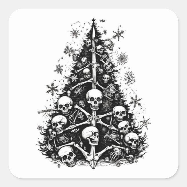Pegatina Cuadrada Calaveras y huesos del árbol de Navidad negro (Anverso)