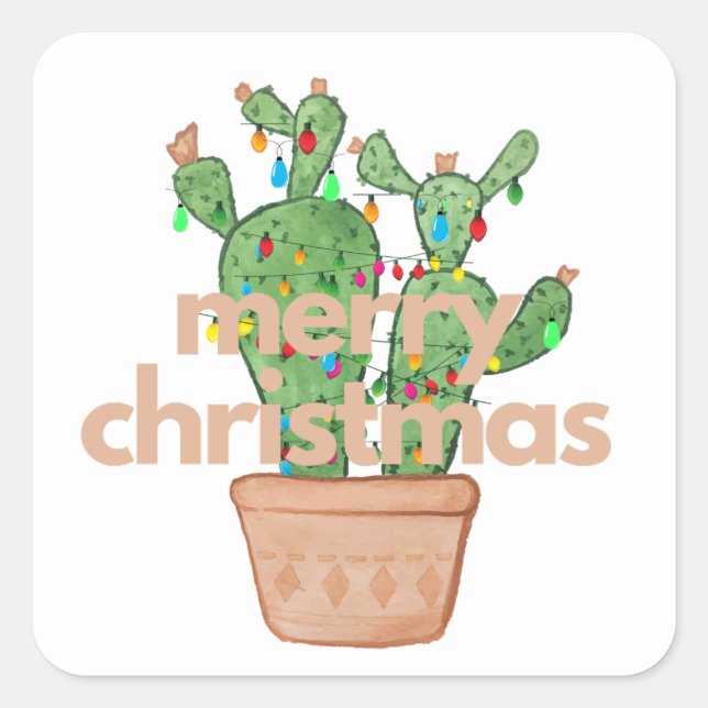 Pegatina Cuadrada Calcomanías de Cactus Feliz Navidad del Suroeste (Anverso)