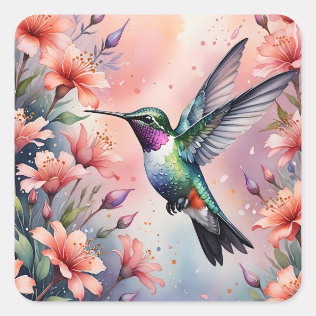 Pegatina Cuadrada calcomanías de colibrí floral (Anverso)