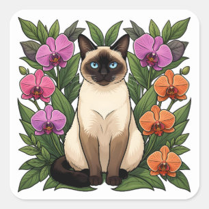 Pegatina Cuadrada calcomanías de gato siamés floral