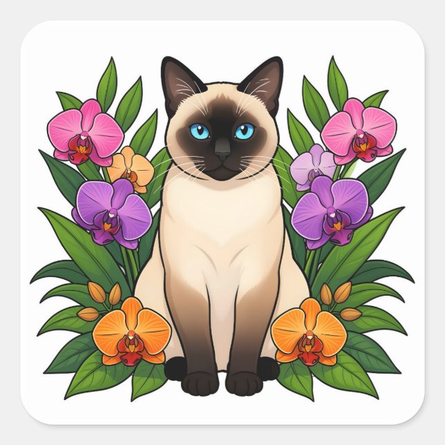 Pegatina Cuadrada calcomanías de gato siamés tropical (Anverso)