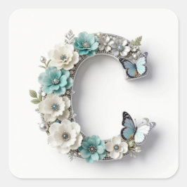 Pegatina Cuadrada Calcomanías de papel C con monograma floral elegan