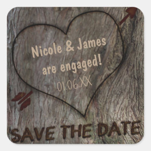 Pegatina Cuadrada Calcomanías de Save The Date de Tronco de Árbol + 