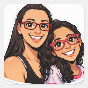 Pegatina Cuadrada calcomanías ilustradas de madre e hija lindas 