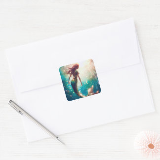 Pegatina Cuadrada calcomanías personalizadas para fiesta de sirena