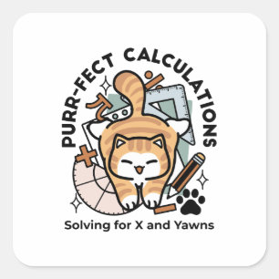 Pegatina Cuadrada Cálculos Perfectos – Diseño Divertido de Gato Mate