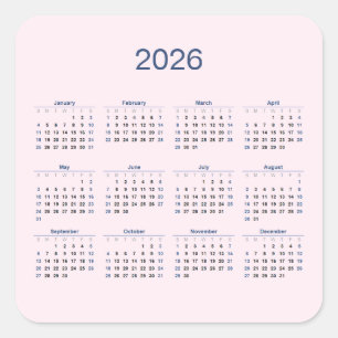 Pegatina Cuadrada Calendario anual 2026 en rosa pálido