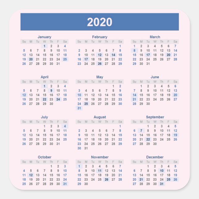Pegatina Cuadrada Calendario anual de 2020 sobre rosa pálido (Anverso)