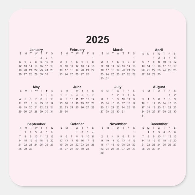 Pegatina Cuadrada Calendario anual de 2025 sobre rosa pálido (Anverso)
