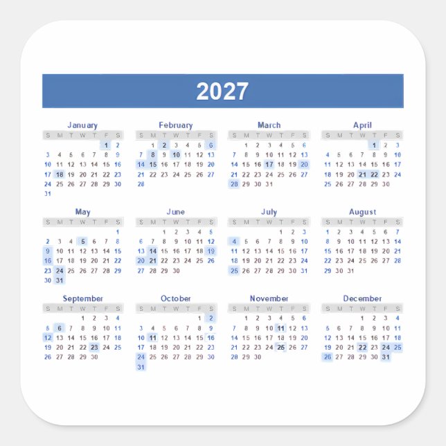 Pegatina Cuadrada Calendario Mensual 2027 Versión Azul (Anverso)