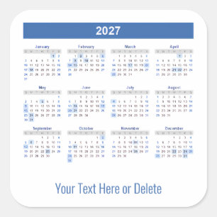 Pegatina Cuadrada Calendario mensual de texto personalizado en la pa